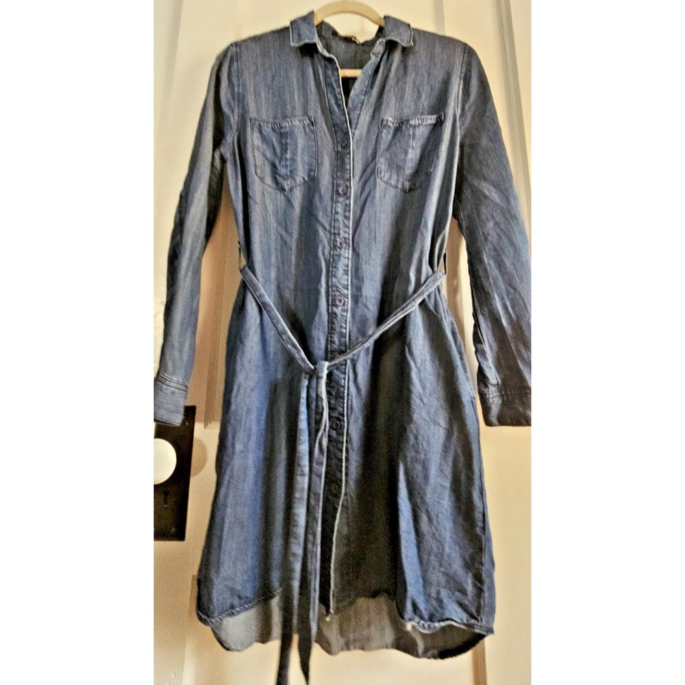 VELVET HEART Shirt‎ Dress Sz XS Blue Chambray Tencel 2 Pockets Roll Tab Slvs